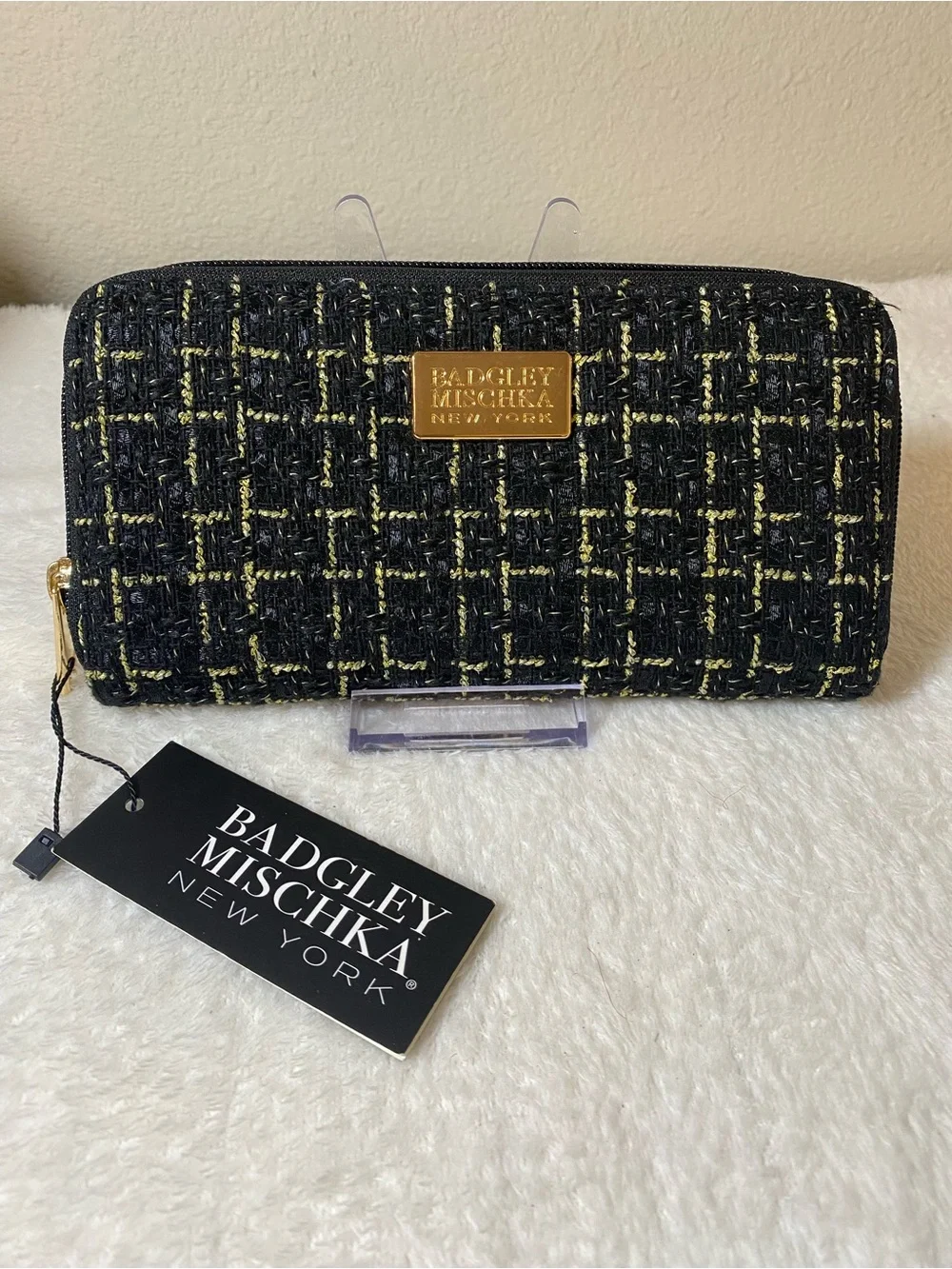 Badgley Mischka Black and Gold Tara Tweed Chain Crossbody and Wallet Set NWT